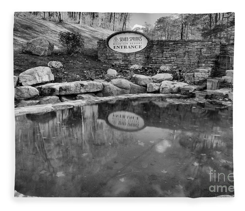 Seven Springs Fleece Blanket featuring the photograph Seven Springs Entrance Fall Reflections Black And White by Adam Jewell