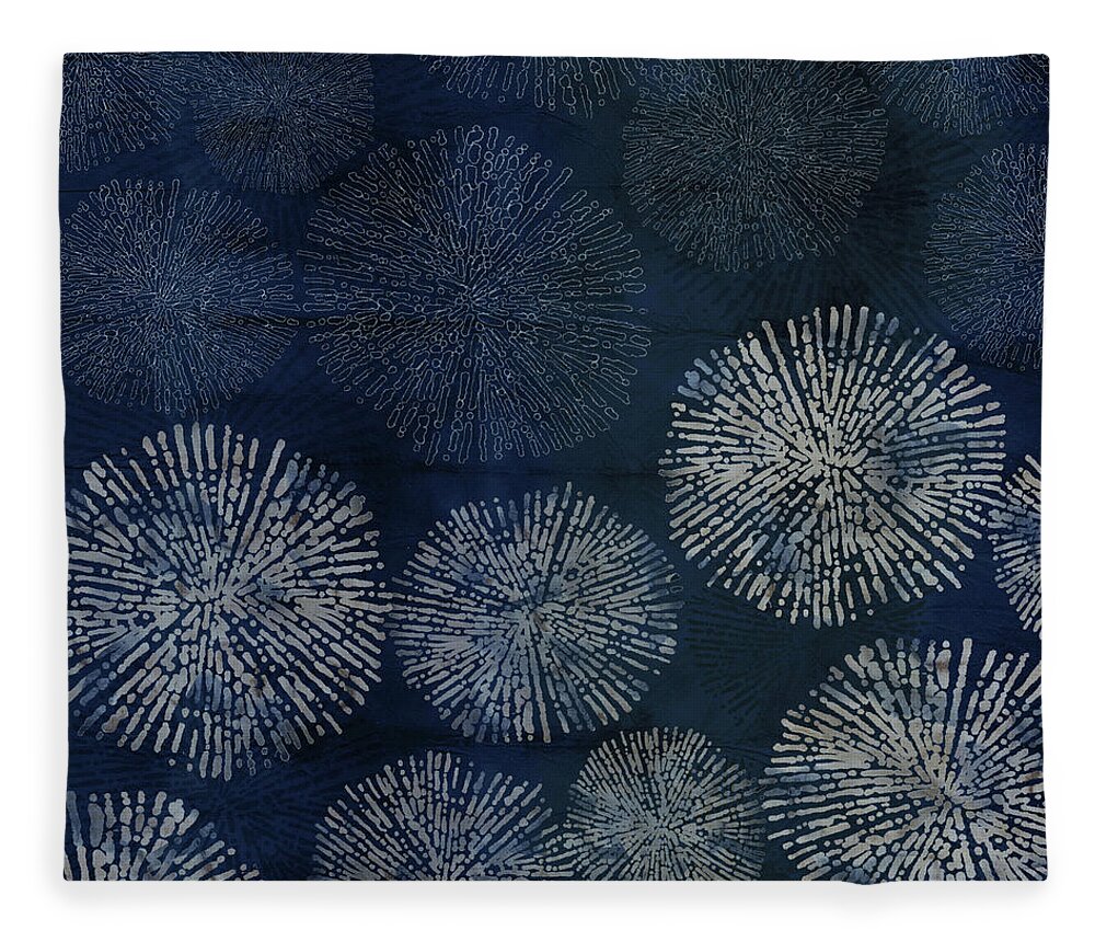 Japan Fleece Blanket featuring the digital art Shibori Sea Urchin Burst Pattern Dark Denim by Sand And Chi
