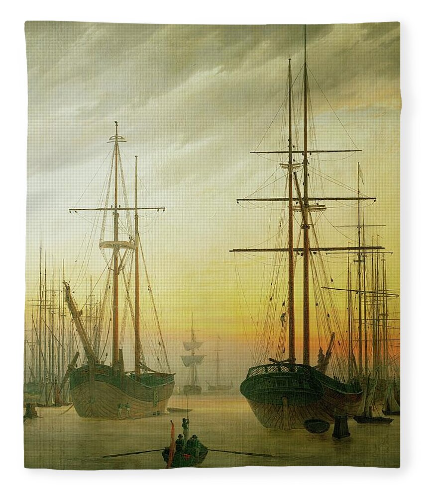 Caspar David Friedrich Fleece Blanket featuring the painting Ships in the harbour. Oil on canvas. by Caspar David Friedrich -1774-1840-