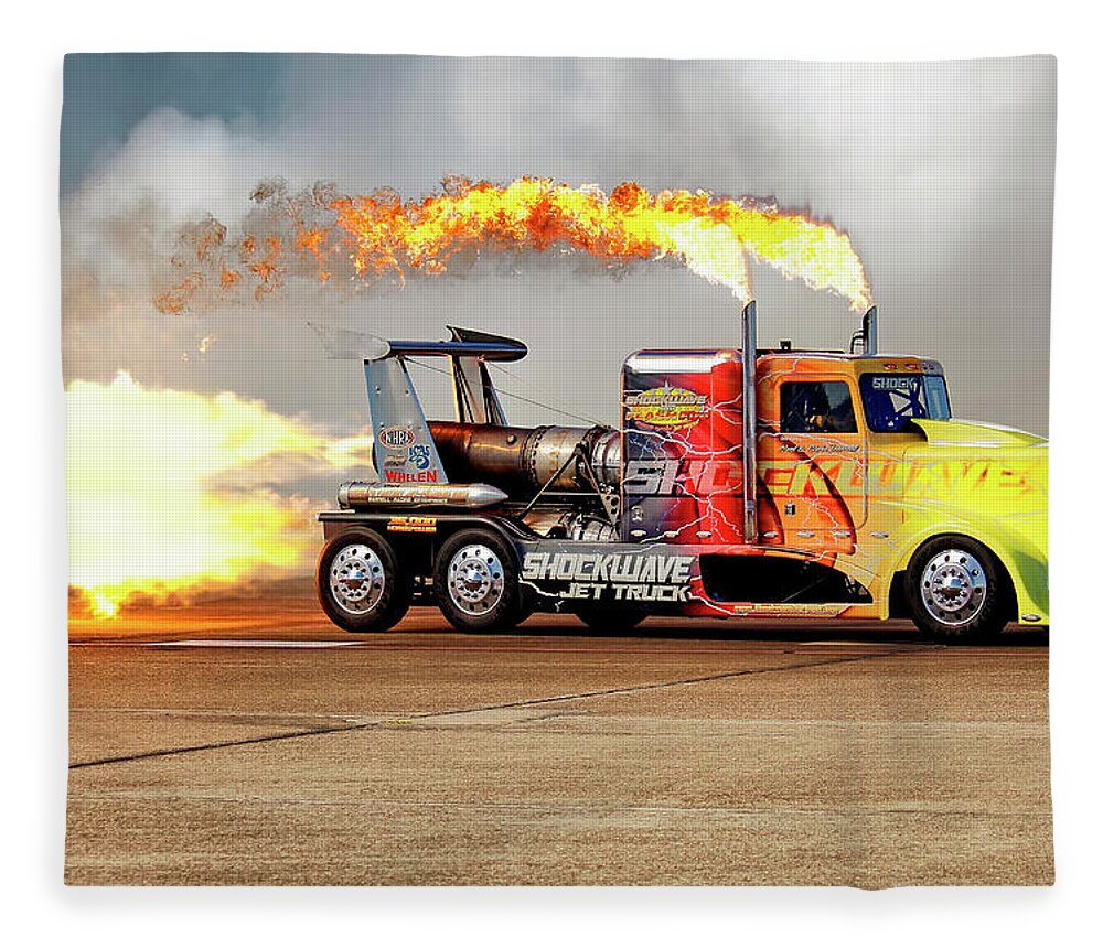 Shockwave Fleece Blanket featuring the photograph Shockwave Jet Truck - NHRA - Peterbilt Drag Racing by Jason Politte