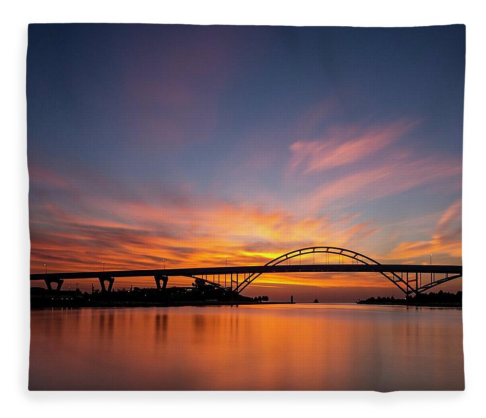 Milwaukee Fleece Blanket featuring the photograph Brilliant Sunrise Over the Hoan Bridge by Kristine Hinrichs
