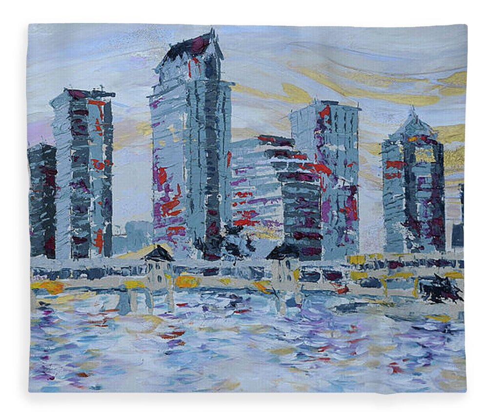 Tampa Skyline Fleece Blanket featuring the painting Silvery Tampa Skyline by Jyotika Shroff