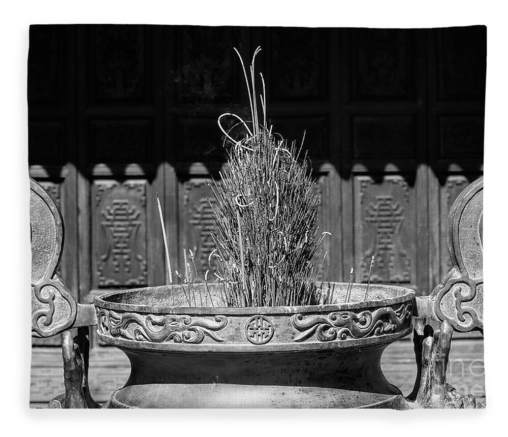 Vietnam Fleece Blanket featuring the photograph Simple Vietnam Black White Incense Burn by Chuck Kuhn