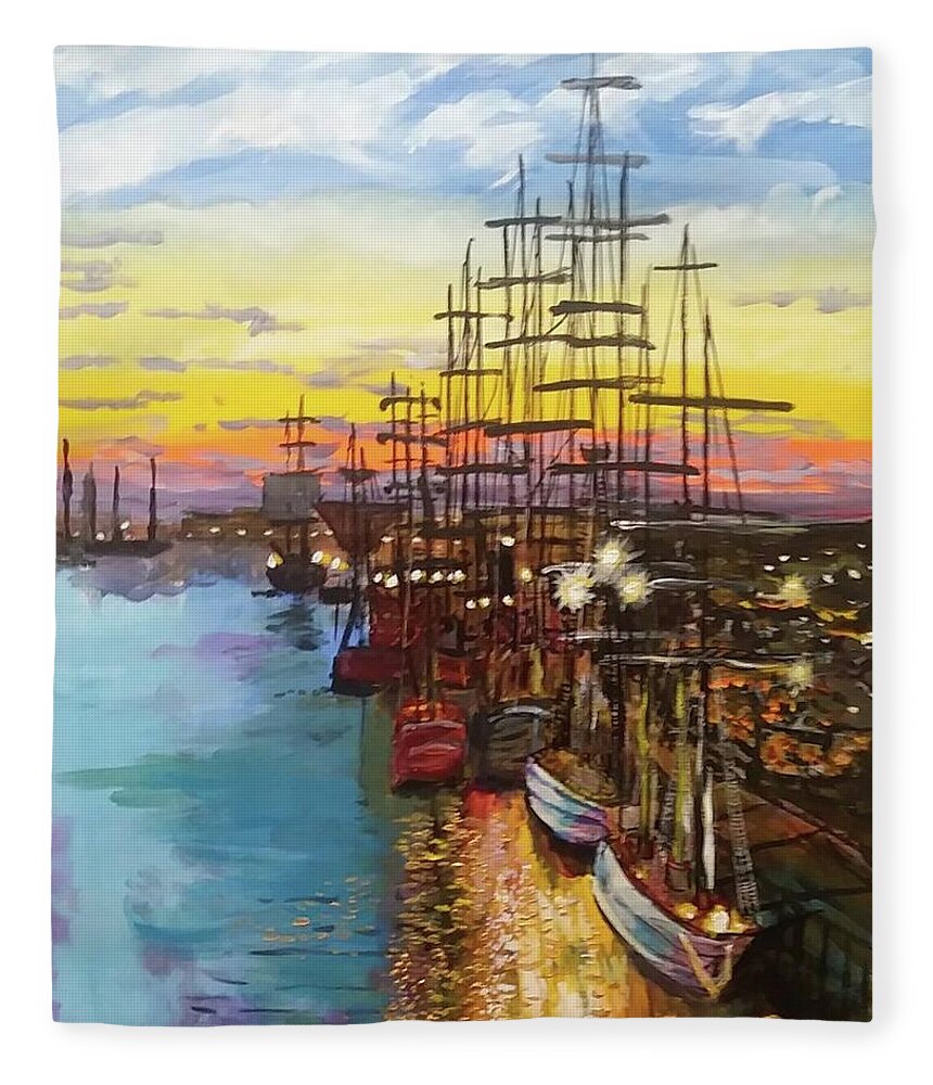 Seaport Fleece Blanket featuring the painting Sitting on the Dock of the Bay by Mike Benton