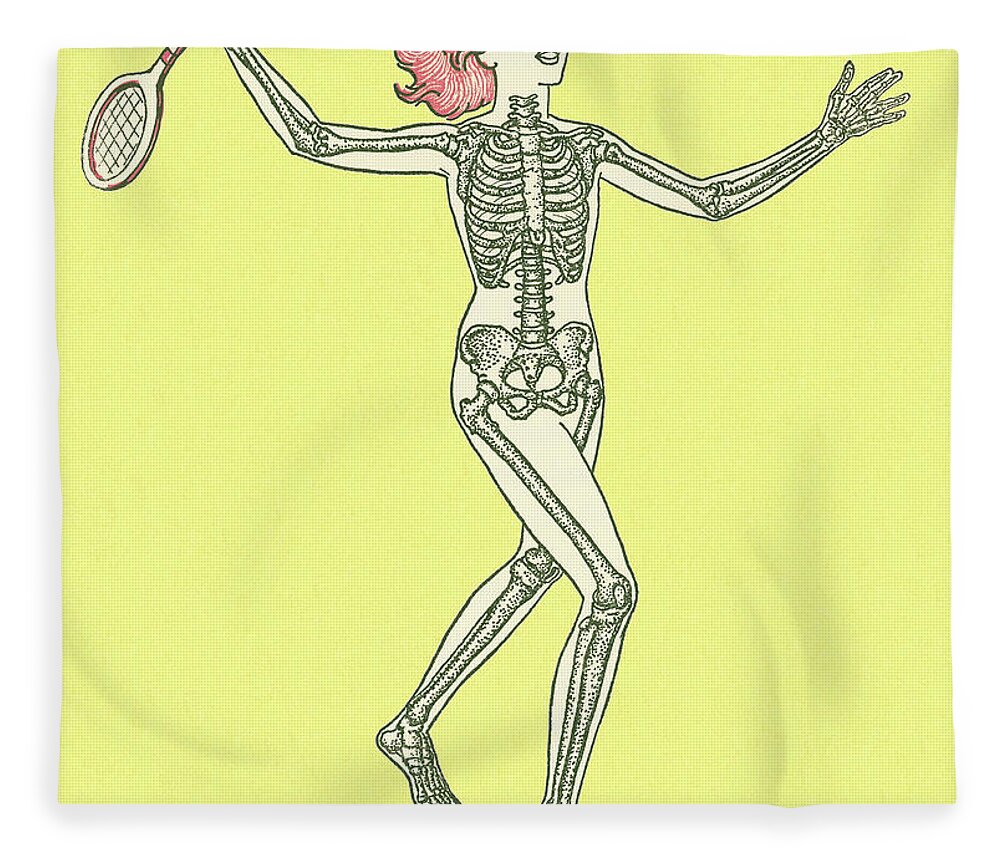 Action Fleece Blanket featuring the drawing Skeleton Lady Playing Tennis by CSA Images