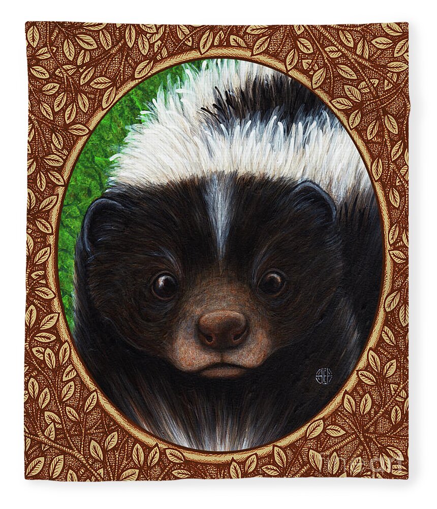 Animal Portrait Fleece Blanket featuring the painting Skunk Portrait - Brown Border by Amy E Fraser