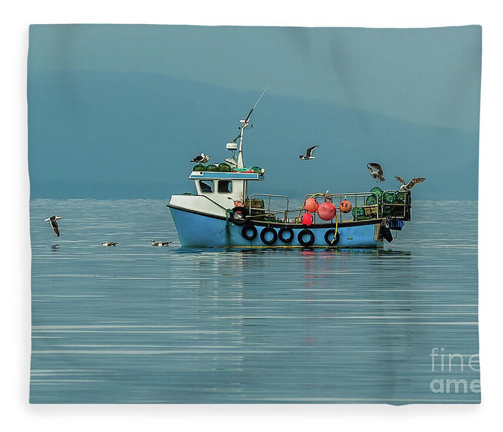 Animal Fleece Blanket featuring the photograph Small Fishing Boat With Lobster Pods And Seagulls On Calm Atlantic In Front Of The Hebride Islands by Andreas Berthold