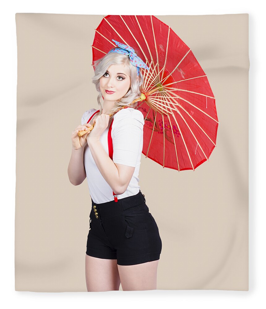 Vintage Fleece Blanket featuring the photograph Smiling retro woman holding a red umbrella by Jorgo Photography