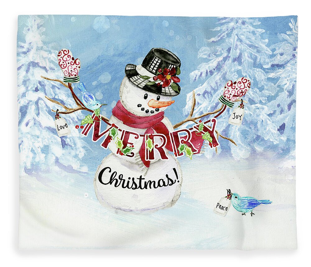 Snowman Fleece Blanket featuring the painting Snowman Christmas Love Joy Peace by Audrey Jeanne Roberts