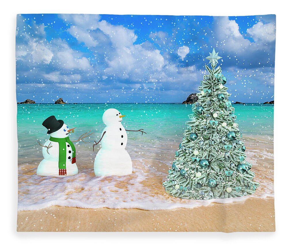 Snowy Couple on Christmas Tree Beach Fleece Blanket by B Knapp