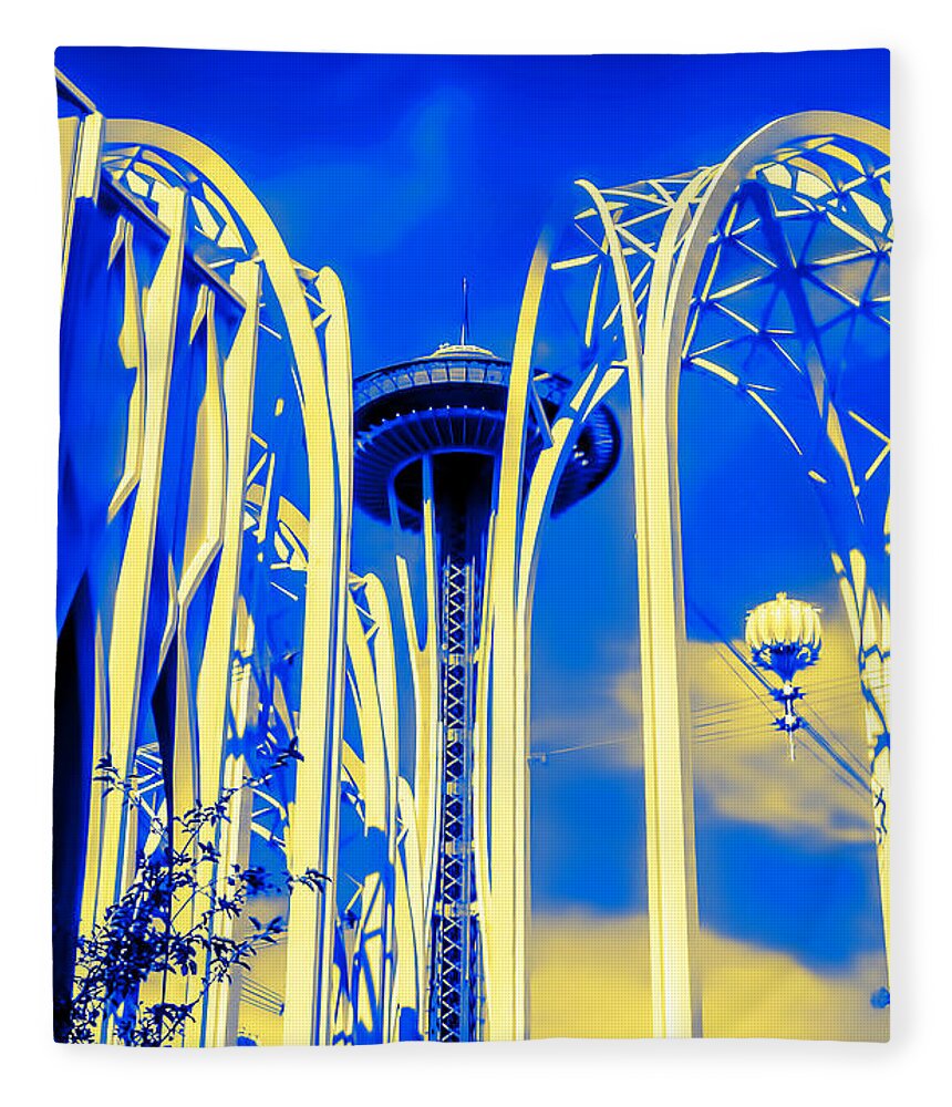 Space Needle Fleece Blanket featuring the photograph Space Needle Blue and Yellow by Cathy Anderson