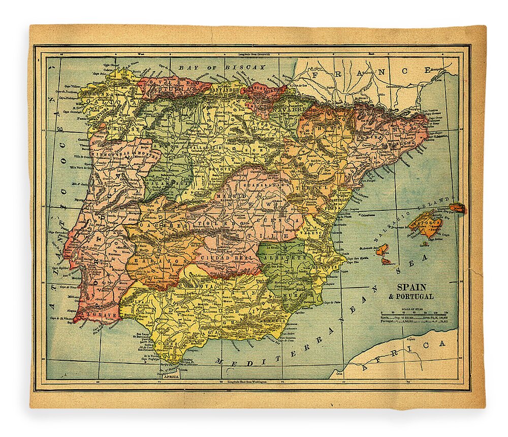 Weathered Fleece Blanket featuring the photograph Spain & Portugal Vintage Map by Belterz