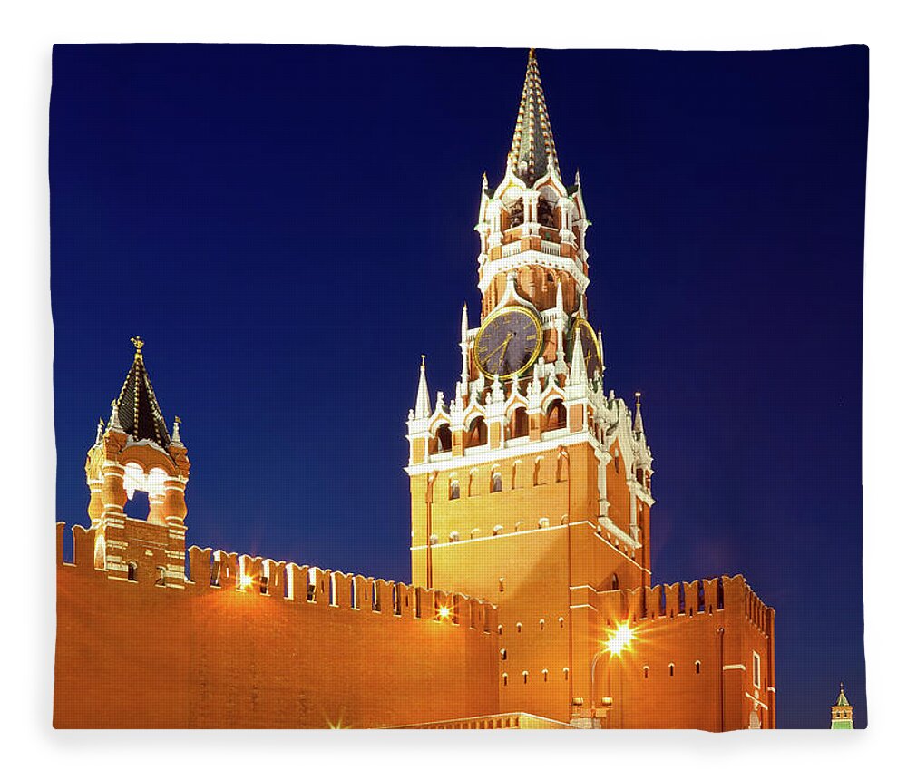 Clock Tower Fleece Blanket featuring the photograph Spasskaya Tower Of Moscow Kremlin At by Mordolff