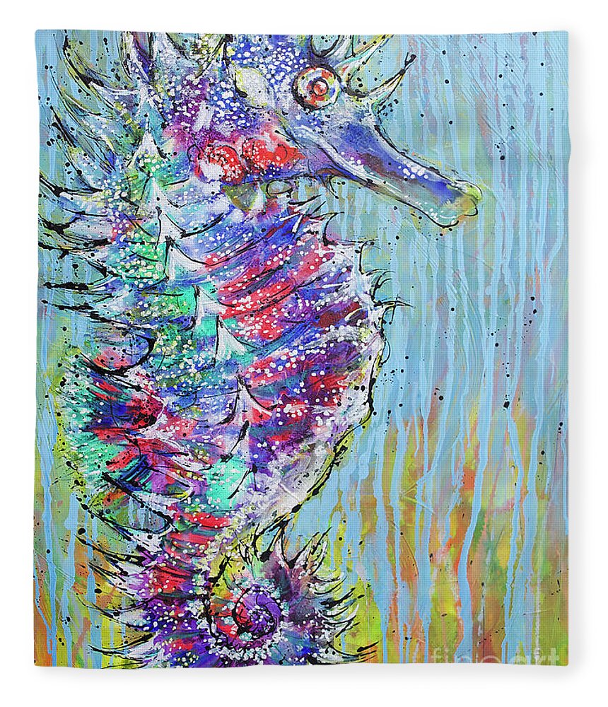 Seahorse Fleece Blanket featuring the painting Spiny Seahorse by Jyotika Shroff