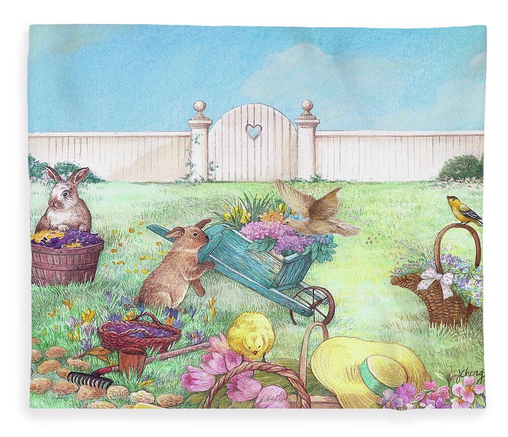 Enchanting Spring Garden Fleece Blanket featuring the painting Spring Bunnies, Chick, Birds by Judith Cheng