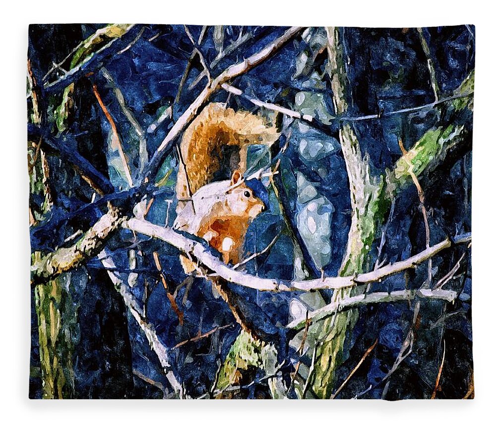 Squirrel Fleece Blanket featuring the mixed media Squirrel in the Trees by Christopher Reed