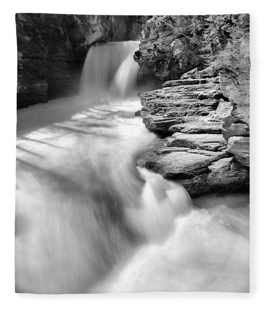 St Mary Falls Fleece Blanket featuring the photograph St. Mary Falls Spring Portrait Black And White by Adam Jewell