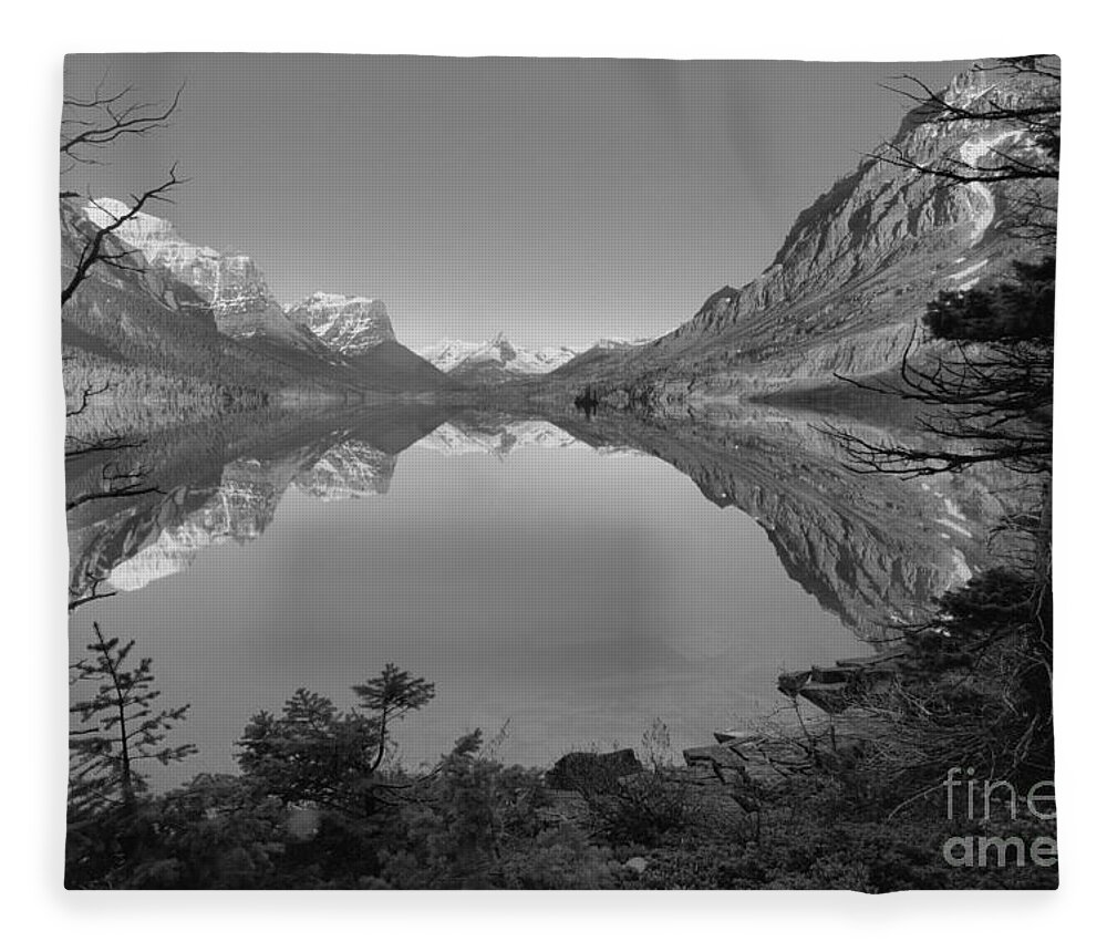 St Mary Fleece Blanket featuring the photograph St. Mary Sunrise Through The Trees Black And White by Adam Jewell