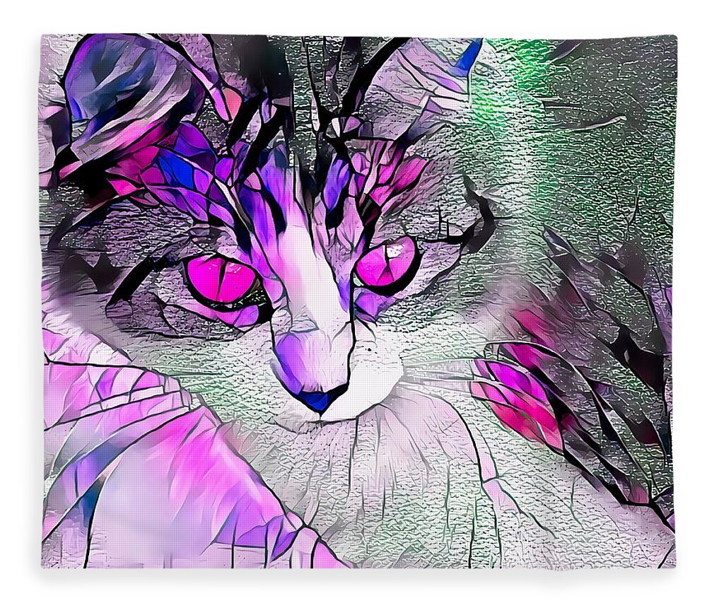 Glass Fleece Blanket featuring the digital art Stained Glass Cat Stare Pink Eyes by Don Northup