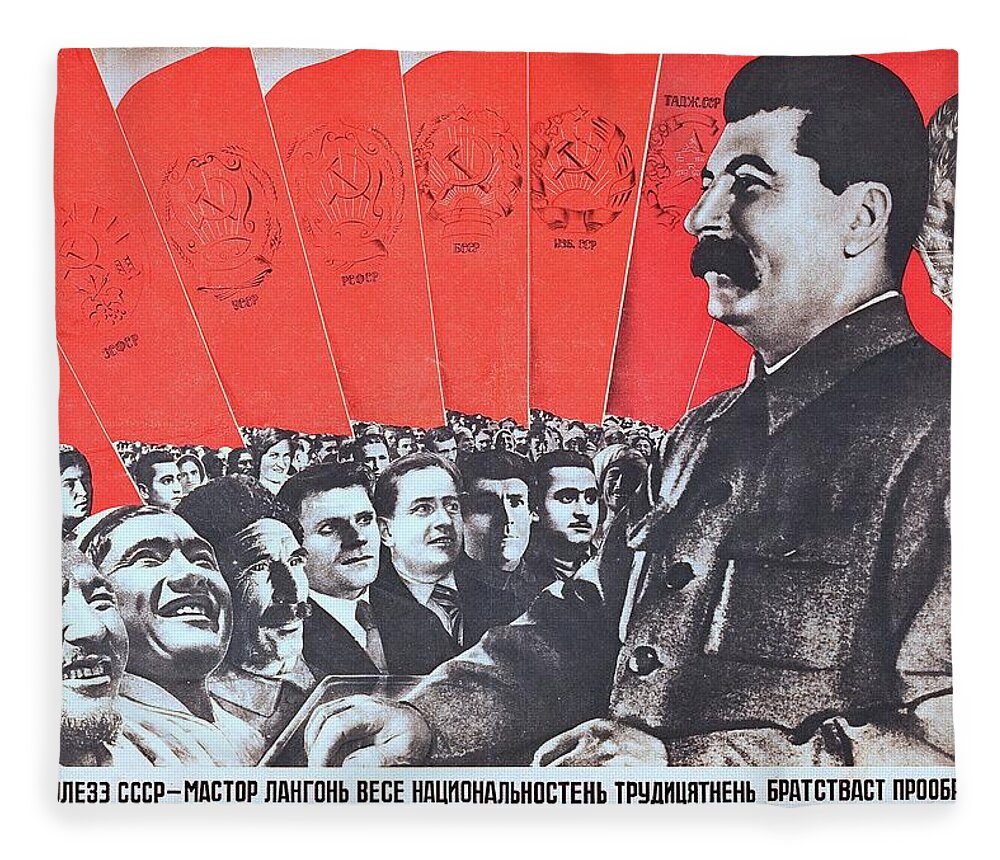 Stalin Fleece Blanket featuring the painting Stalin, Soviet Propaganda Poster 1935 by Vincent Monozlay