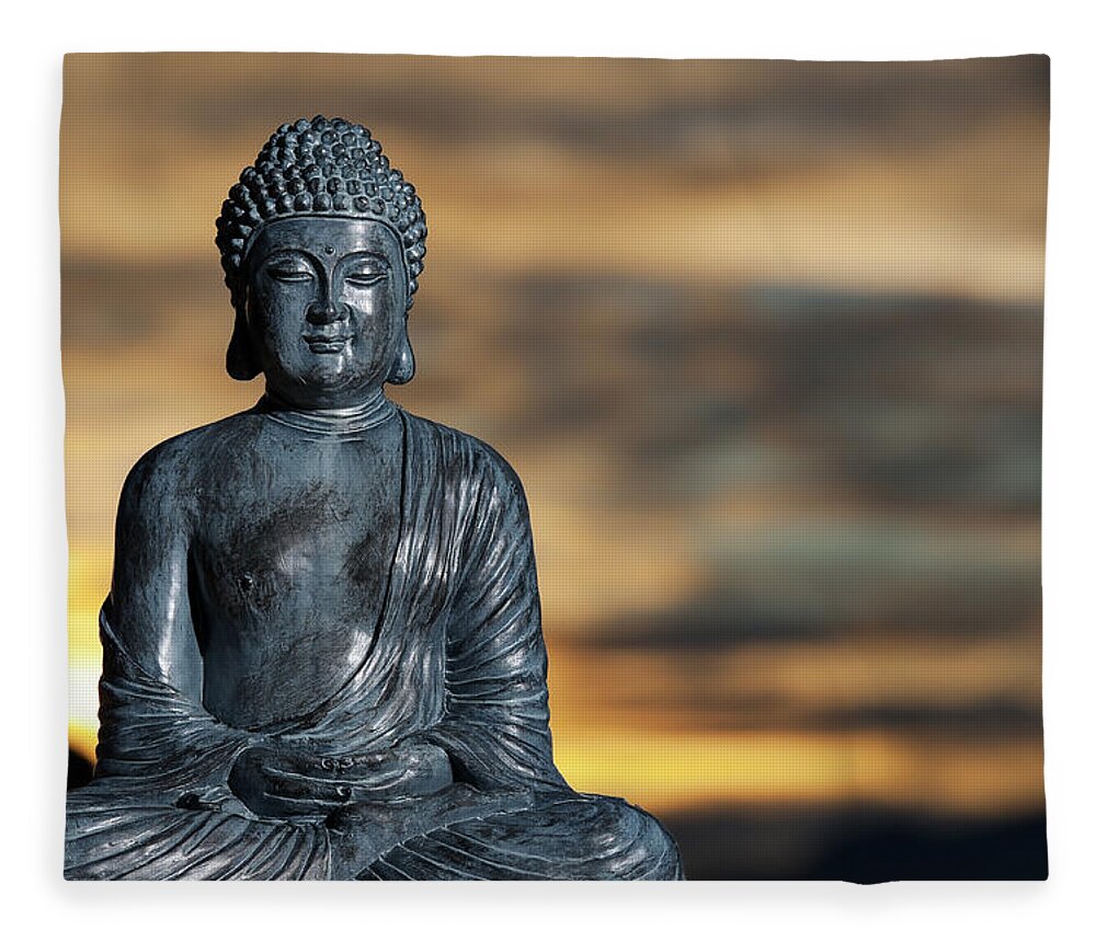 Statue Of Buddha Against A Japanese Fleece Blanket For Sale By Wesvandinter