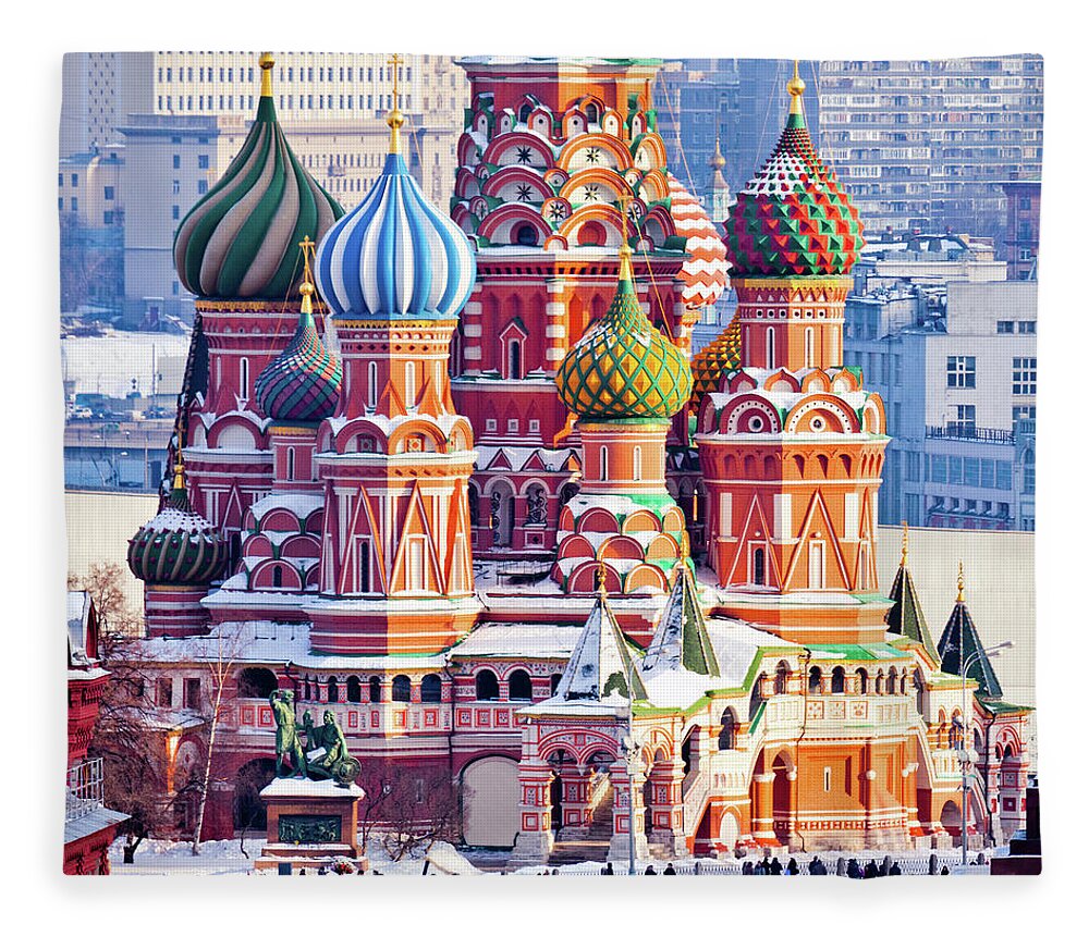 People Fleece Blanket featuring the photograph St.basil Cathedral At Red Square In by Mordolff