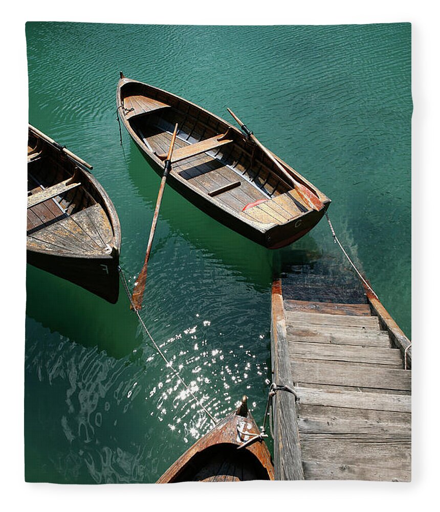 Steps Fleece Blanket featuring the photograph Steps Down To Wooden Boats Floating On by Marc Volk