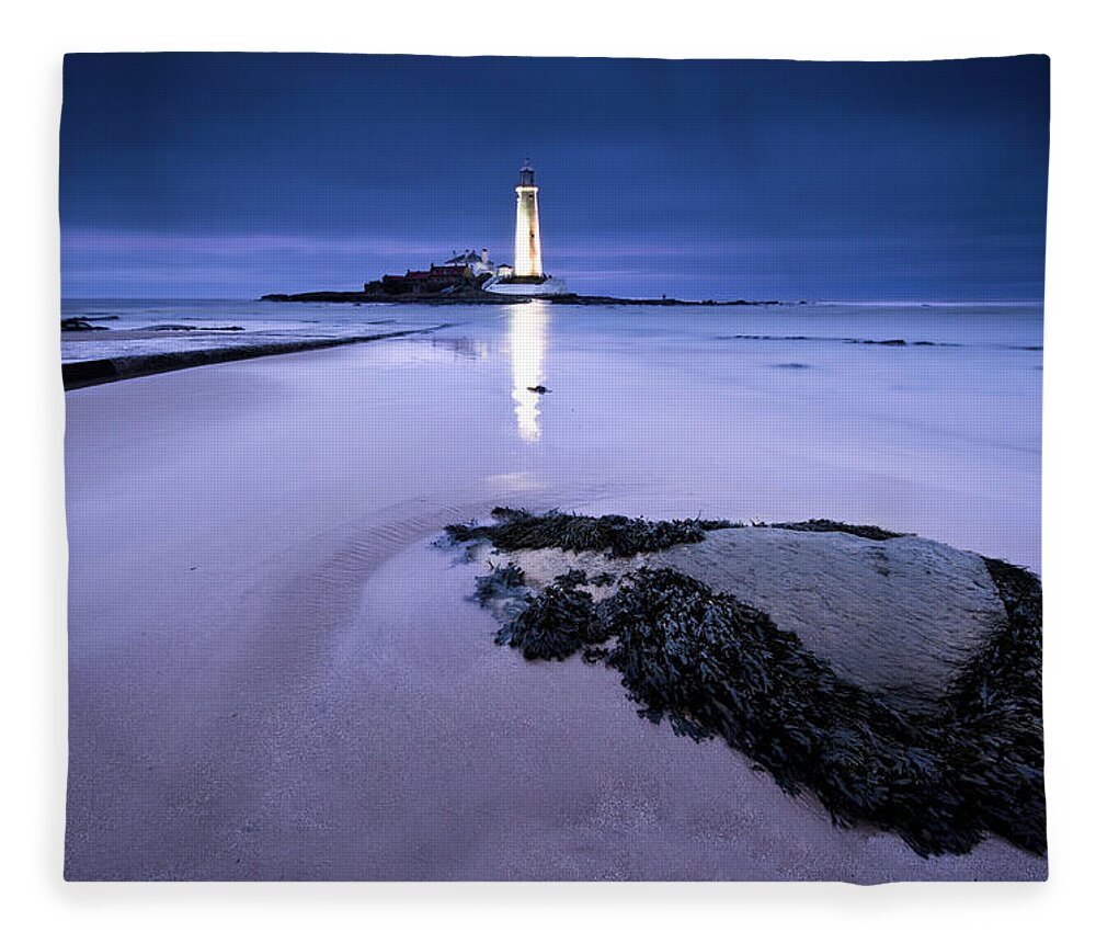 Tranquility Fleece Blanket featuring the photograph St.marys Lighthouse, Blue Hour by K.arran - Photomuso