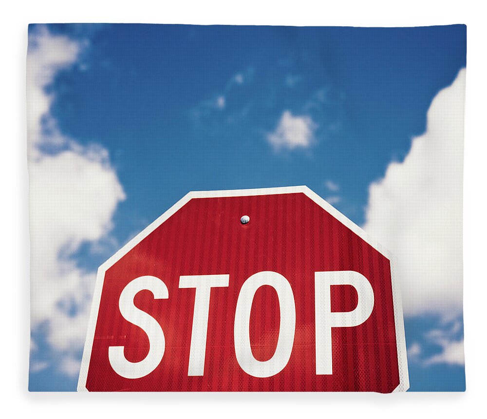 Outdoors Fleece Blanket featuring the photograph Stop Sign Against Blue Sky And Puffy by Sean Molin - Www.seanmolin.com
