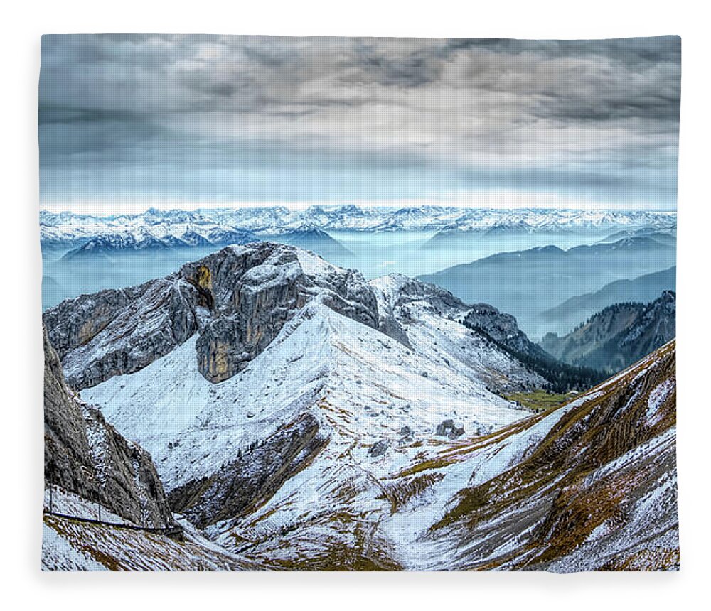 Mountains Fleece Blanket featuring the photograph Stormy Mountains Panorama, Mount Pilatus, Switzerland by Rick Deacon