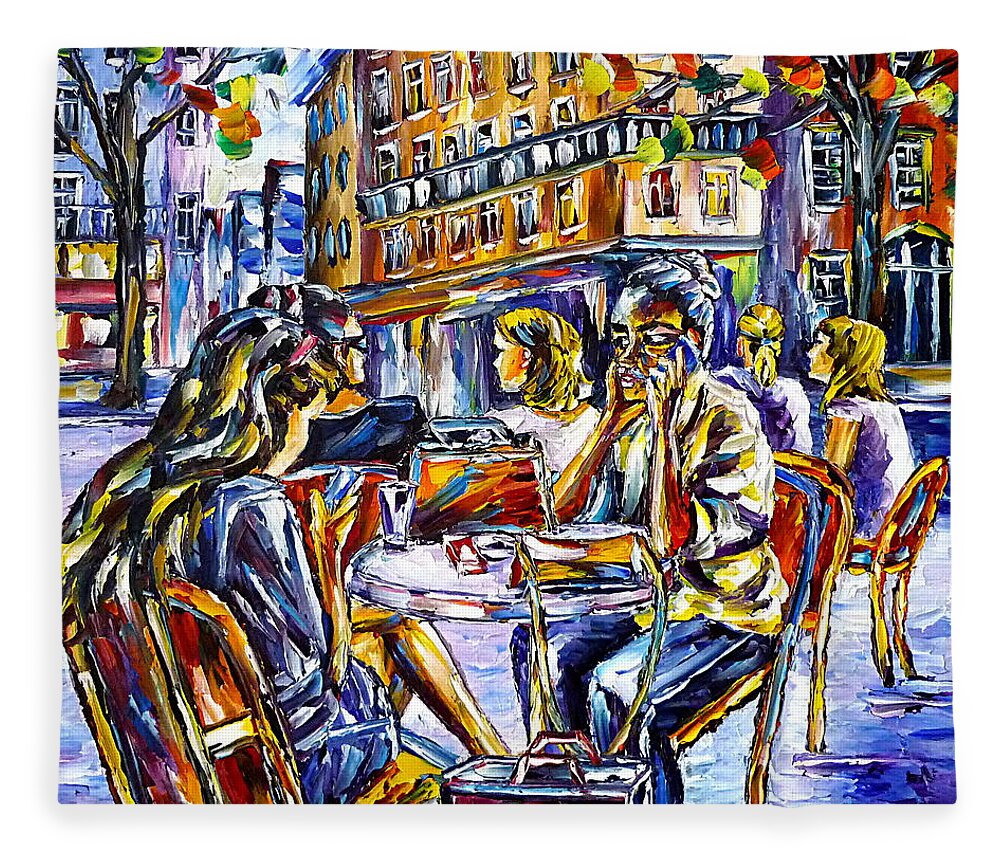 Paris Lovers Fleece Blanket featuring the painting Street Cafe In Paris II by Mirek Kuzniar