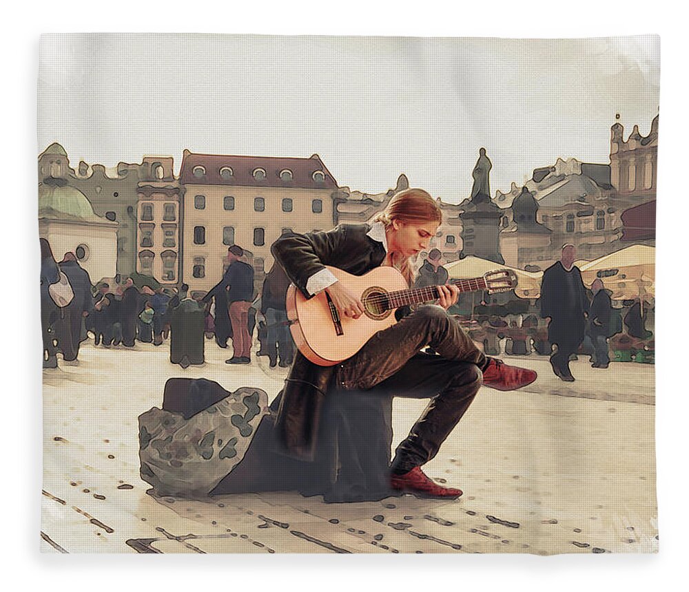 Street Music Fleece Blanket featuring the digital art Street Music. Guitar. by Alex Mir