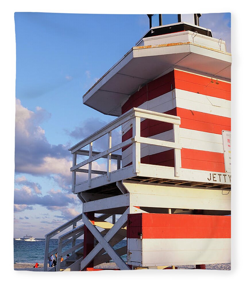 Lifeguard Fleece Blanket featuring the photograph Striped Lifeguard Station In Miami Beach by Boogich