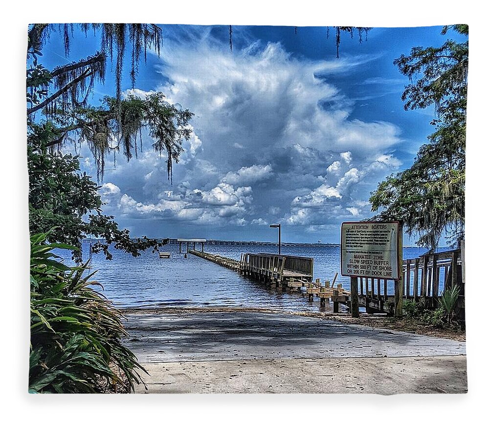 Clouds Fleece Blanket featuring the photograph Strolling by the Dock by Portia Olaughlin