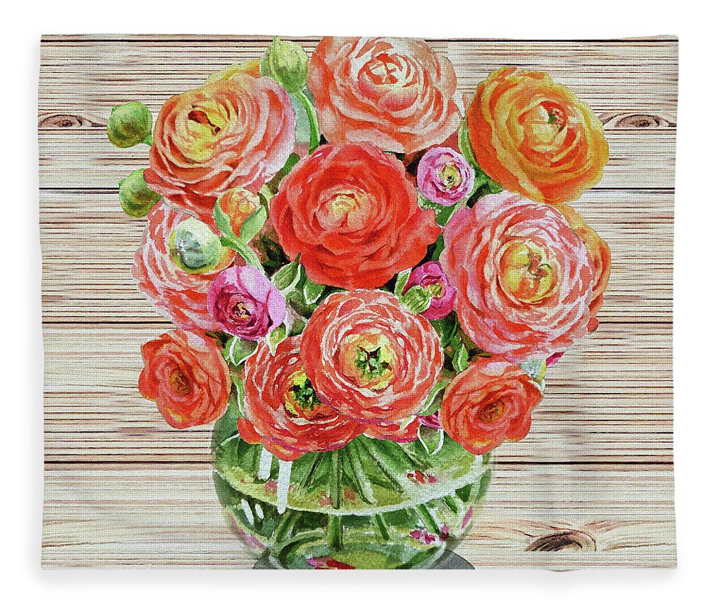 Flowers Fleece Blanket featuring the painting Summer Bouquet Ranunculus Flowers In The Glass Vase by Irina Sztukowski