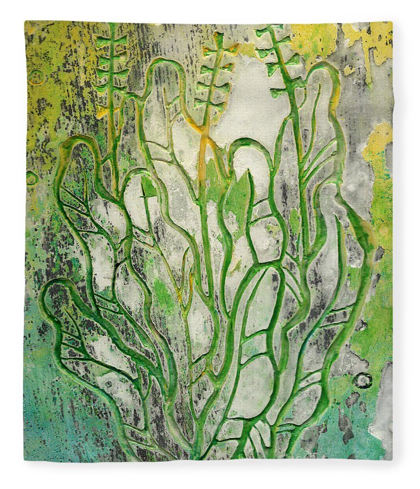 Printmaking Fleece Blanket featuring the relief Summer Herbs, Abstract Floral, Stucco Carving by Julia Khoroshikh