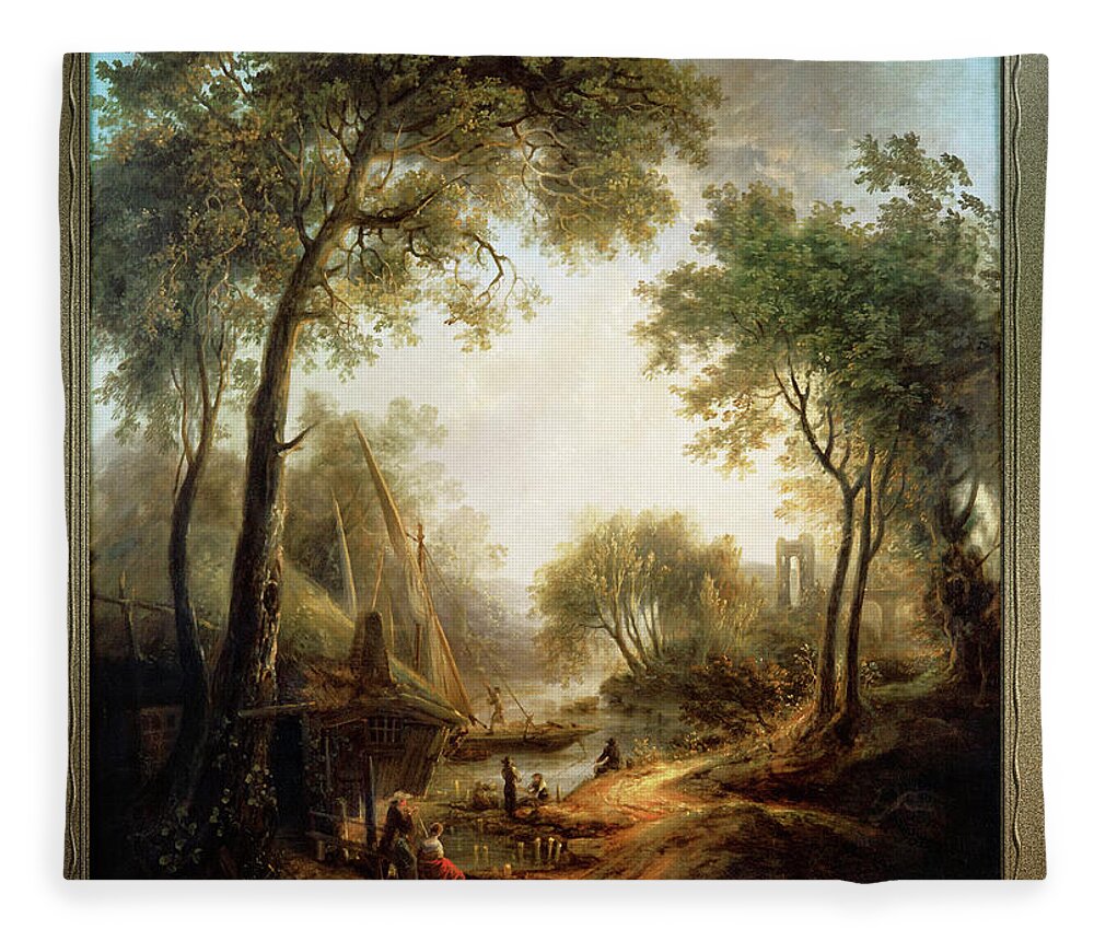 Summer Landscape Fleece Blanket featuring the painting Summer Landscape with Water and Tall Trees by Elias Martin by Rolando Burbon