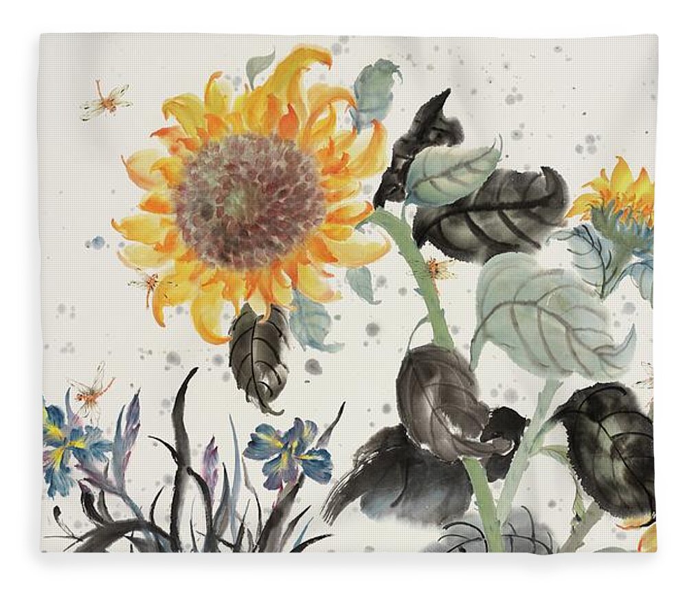 Chinese Watercolor Fleece Blanket featuring the painting Sunflower and Dragonfly by Jenny Sanders