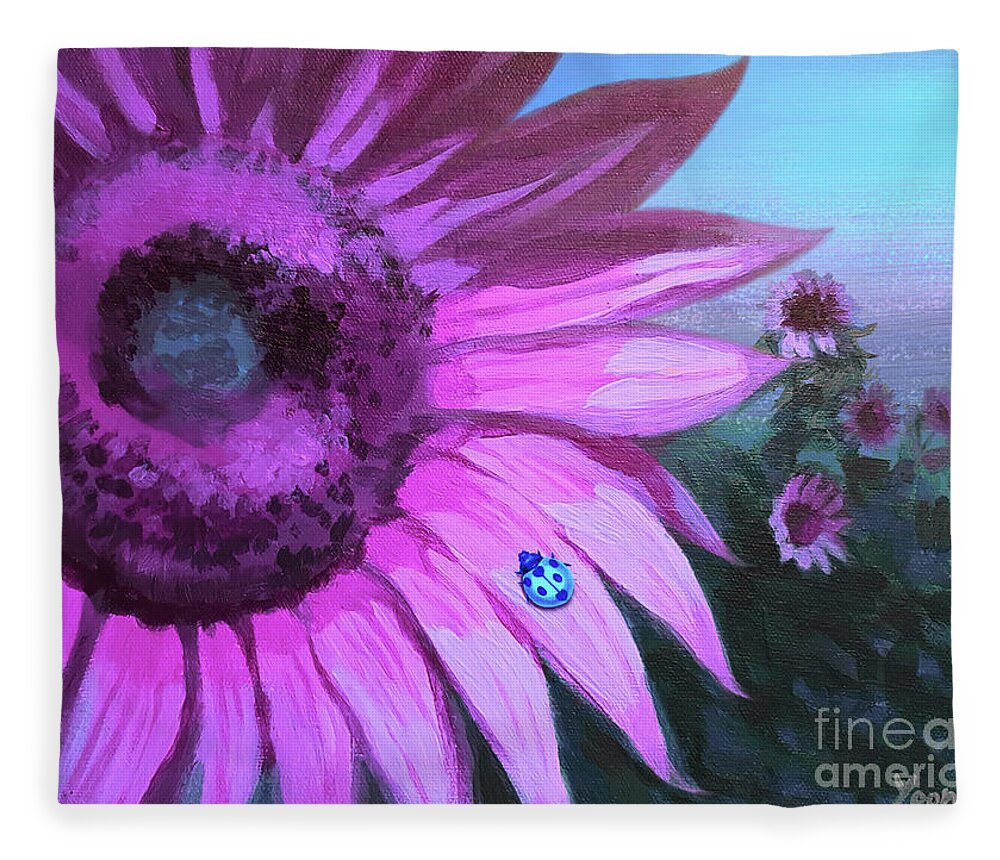 Pink Sunflower Fleece Blanket featuring the painting Sunflowers Embraced the Sunset by Yoonhee Ko