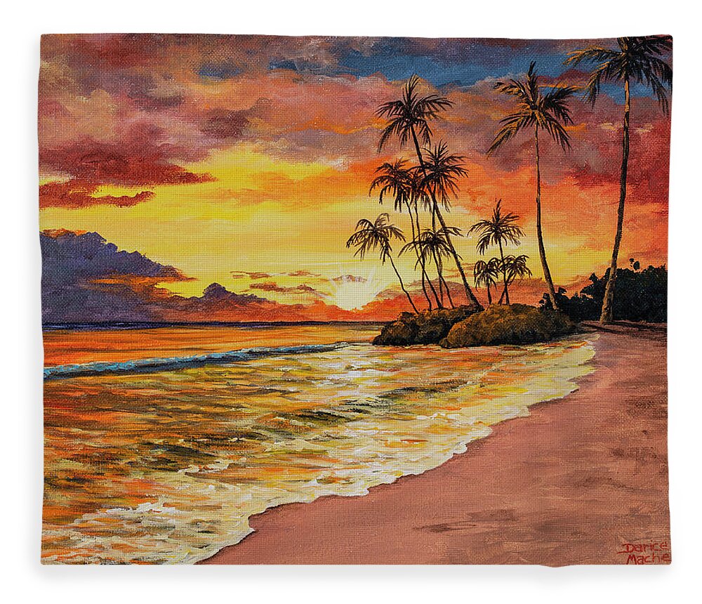 Sunset Fleece Blanket featuring the painting Sunset And Palms by Darice Machel McGuire