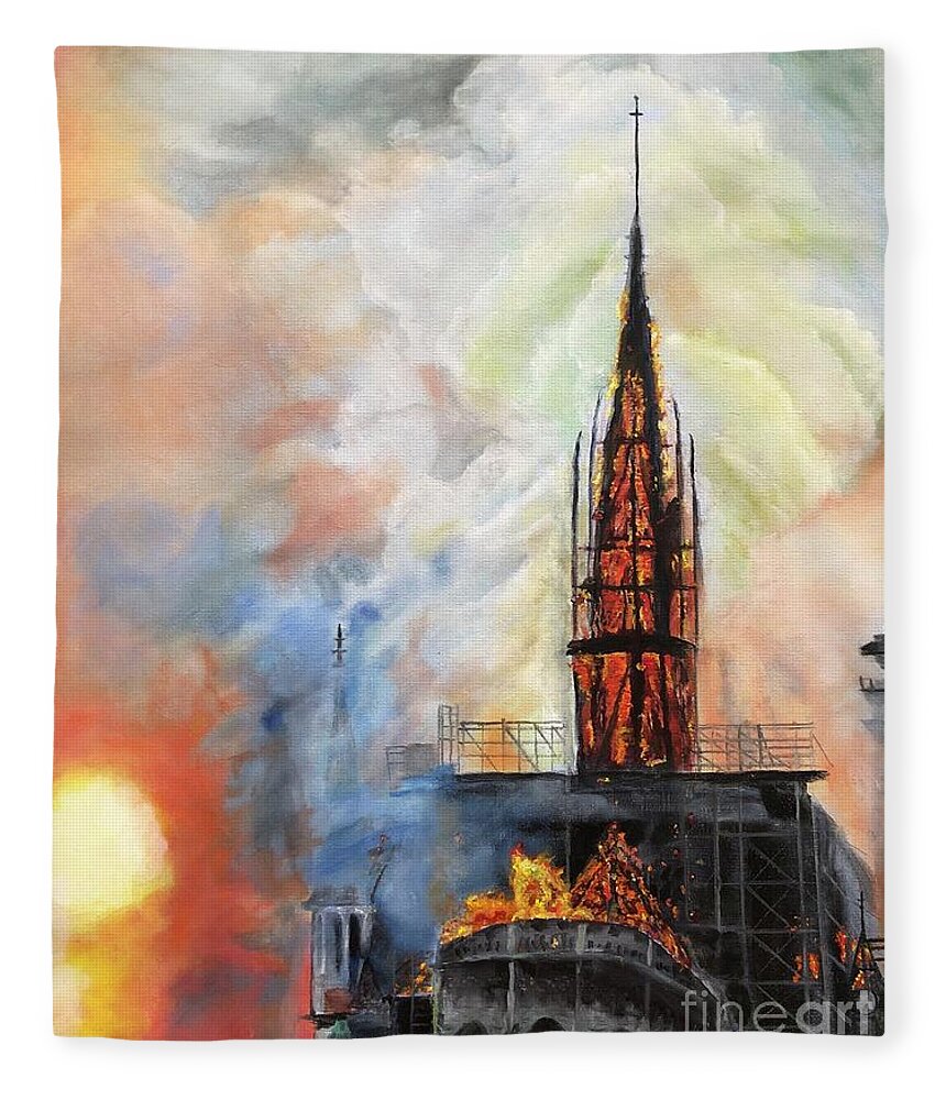 Notre Dame Fleece Blanket featuring the painting Sunset on Notre Dame by Kate Conaboy