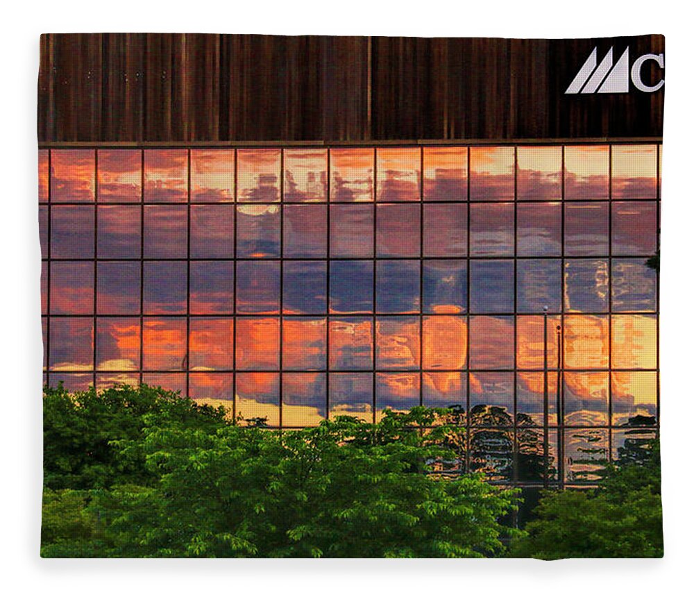 Sunset Fleece Blanket featuring the photograph Sunset Reflections on a Wall of Glass by Ola Allen