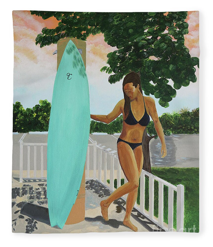 Beach Fleece Blanket featuring the painting Surfer Girl Beach Shower by Jenn C Lindquist