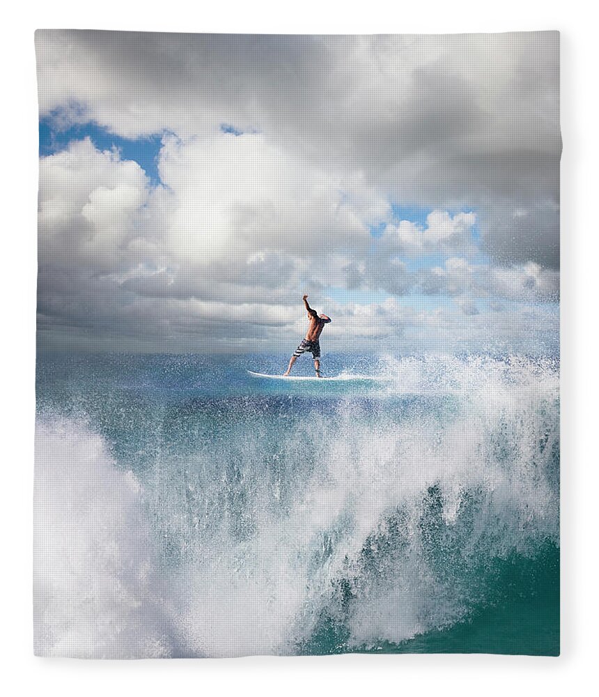 Human Arm Fleece Blanket featuring the photograph Surfer Surfing On Wave, Rear View by Ed Freeman