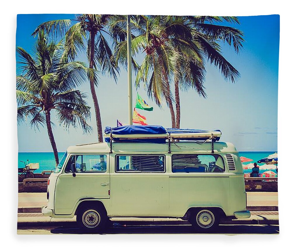 Photo Fleece Blanket featuring the photograph Surfer van by Top Wallpapers