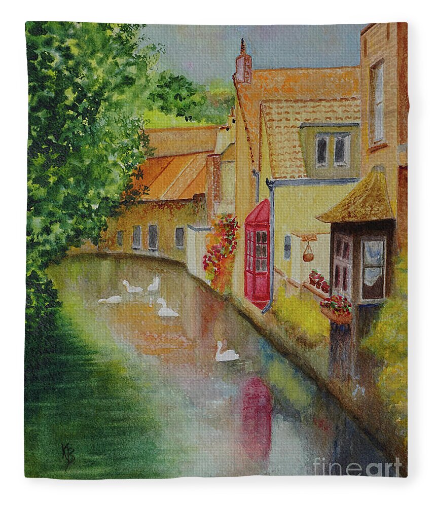 Bruges Fleece Blanket featuring the painting Swan Canal by Karen Fleschler