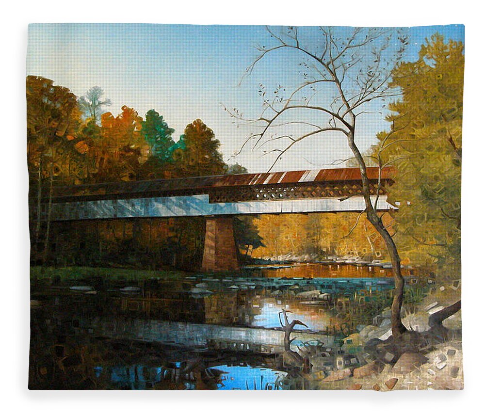 Covered Bridge American Landscape Autumn River Bridges Fine Art Oil Painting Fleece Blanket featuring the painting Swann Covered Bridge In Early Autumn by T S Carson