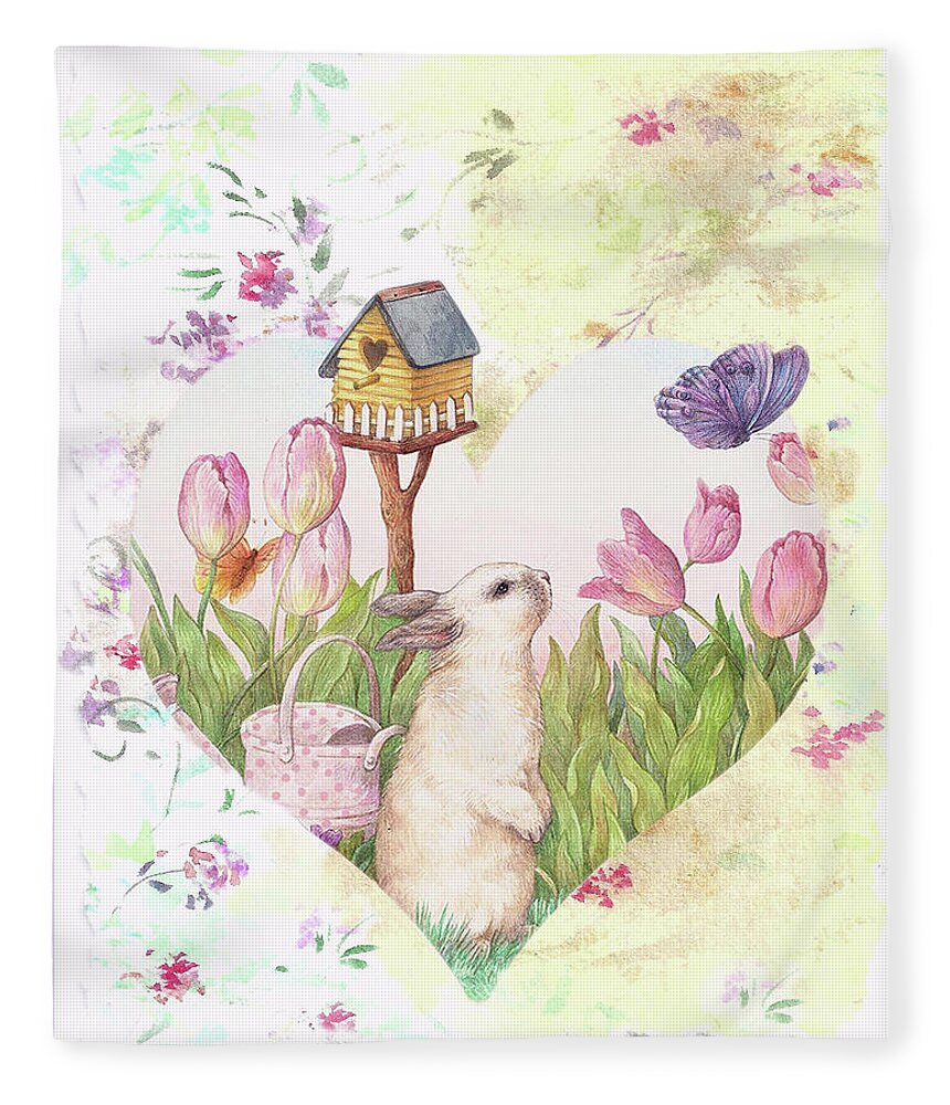 Soft Nursery Wall Art Fleece Blanket featuring the painting Sweet Heart Bunny and Butterfly by Judith Cheng