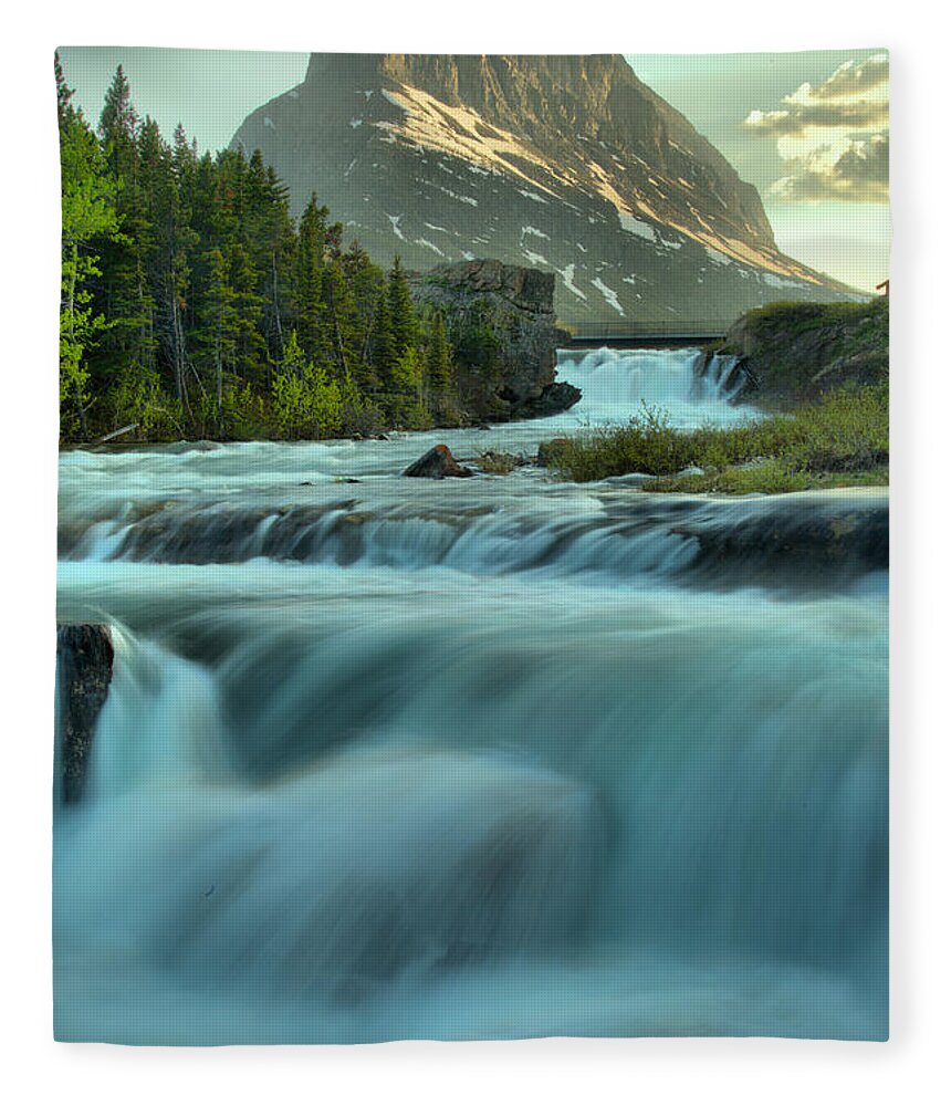 Swift Current Falls Fleece Blanket featuring the photograph Swiftcurrent Falls Spring Sunset by Adam Jewell