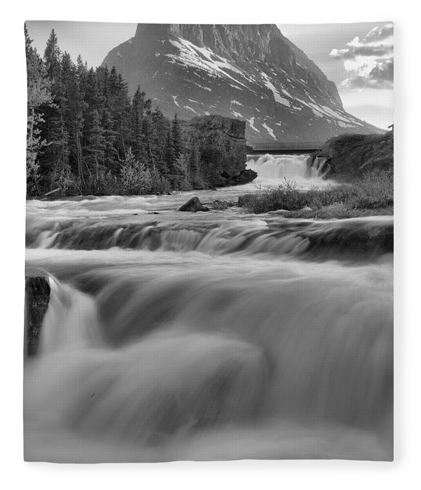Swift Current Falls Fleece Blanket featuring the photograph Swiftcurrent Falls Spring SUnset Black And White by Adam Jewell